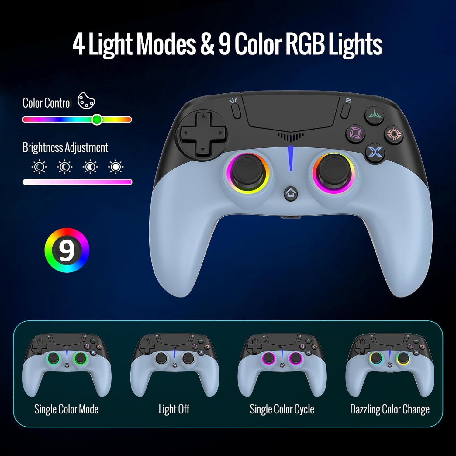 LED Wireless Gaming Controller for PS5 Pro Slim and PC, Hall Effect Joysticks and Triggers, RGB Lighting with 4 Modes, Macro Support, 6-Axis Motion Control, Dual Vibration, 3.5mm Audio Jack, Black and Blue