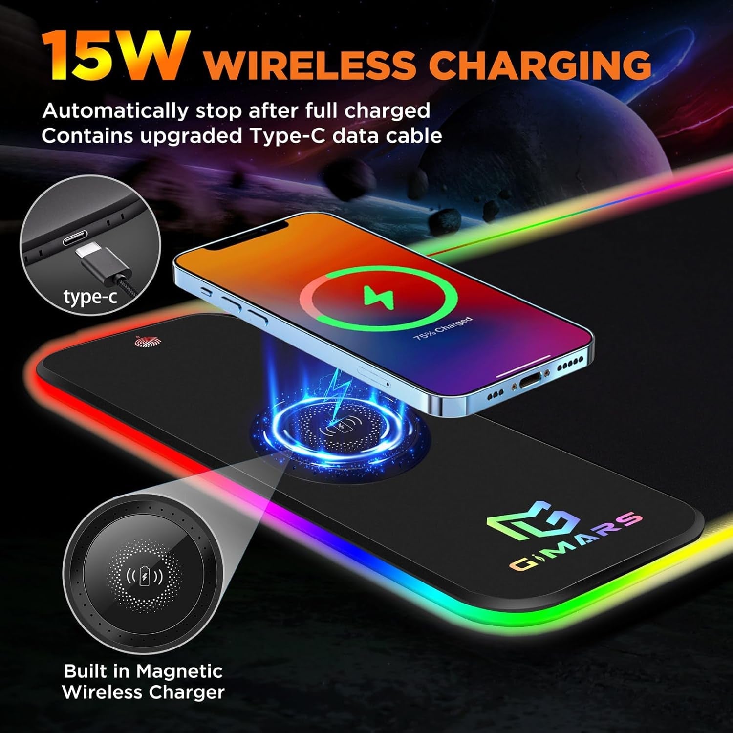 RGB Gaming Mouse Pad with 15W Qi Wireless Charging and Raised Charging Platform