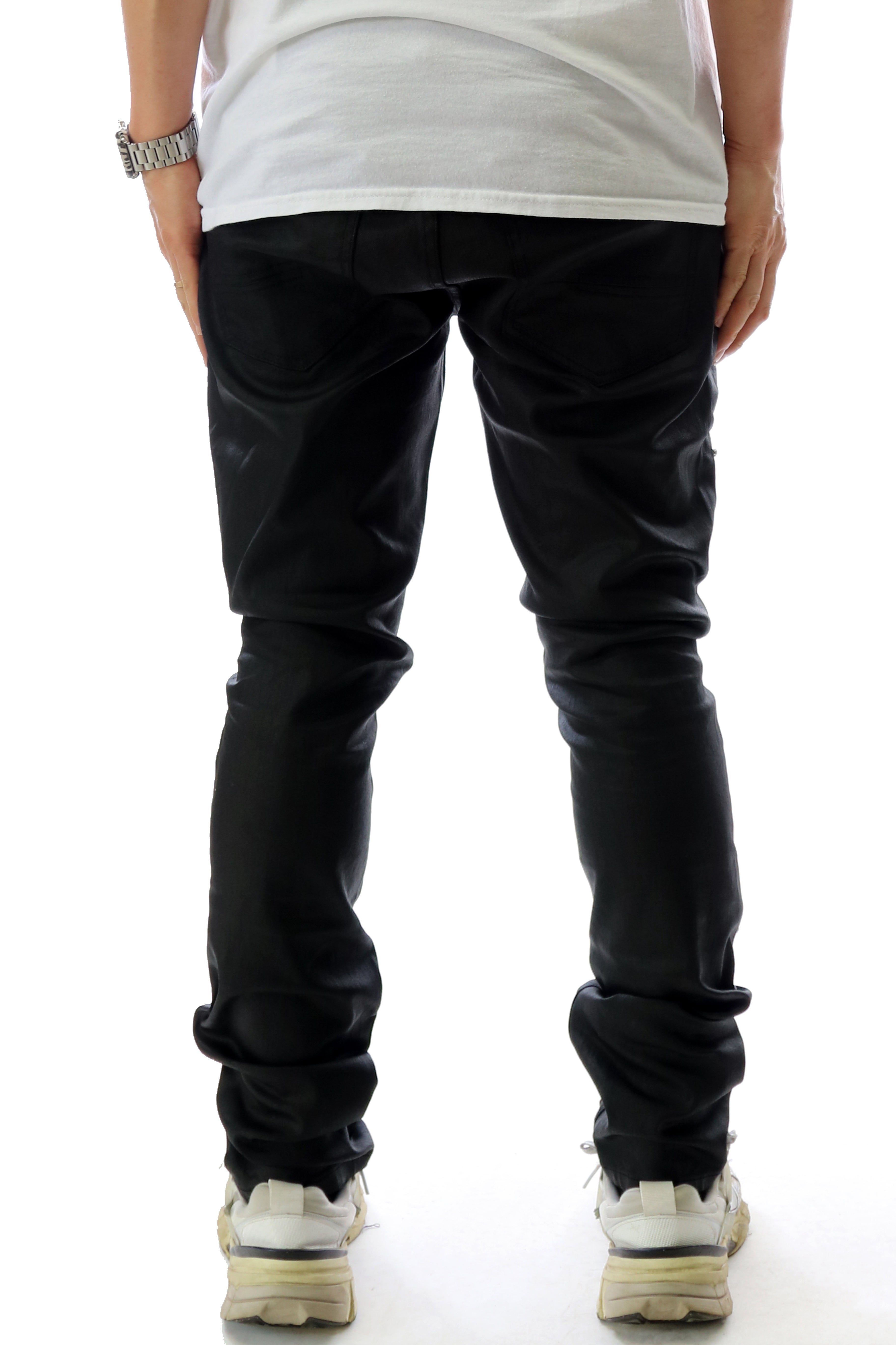 CLAY Men's Premium Wax Coated Skinny Denim Pants with Crystal Stud in front